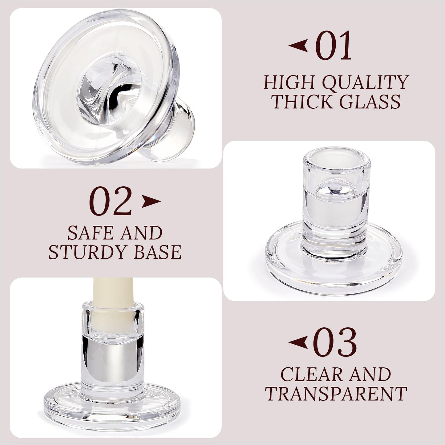 JONERAY 24-Pack Candlestick Holders Bulk - Thick Glass, Amber Taper Candle Holders for Wedding Banquet, Anniversaries