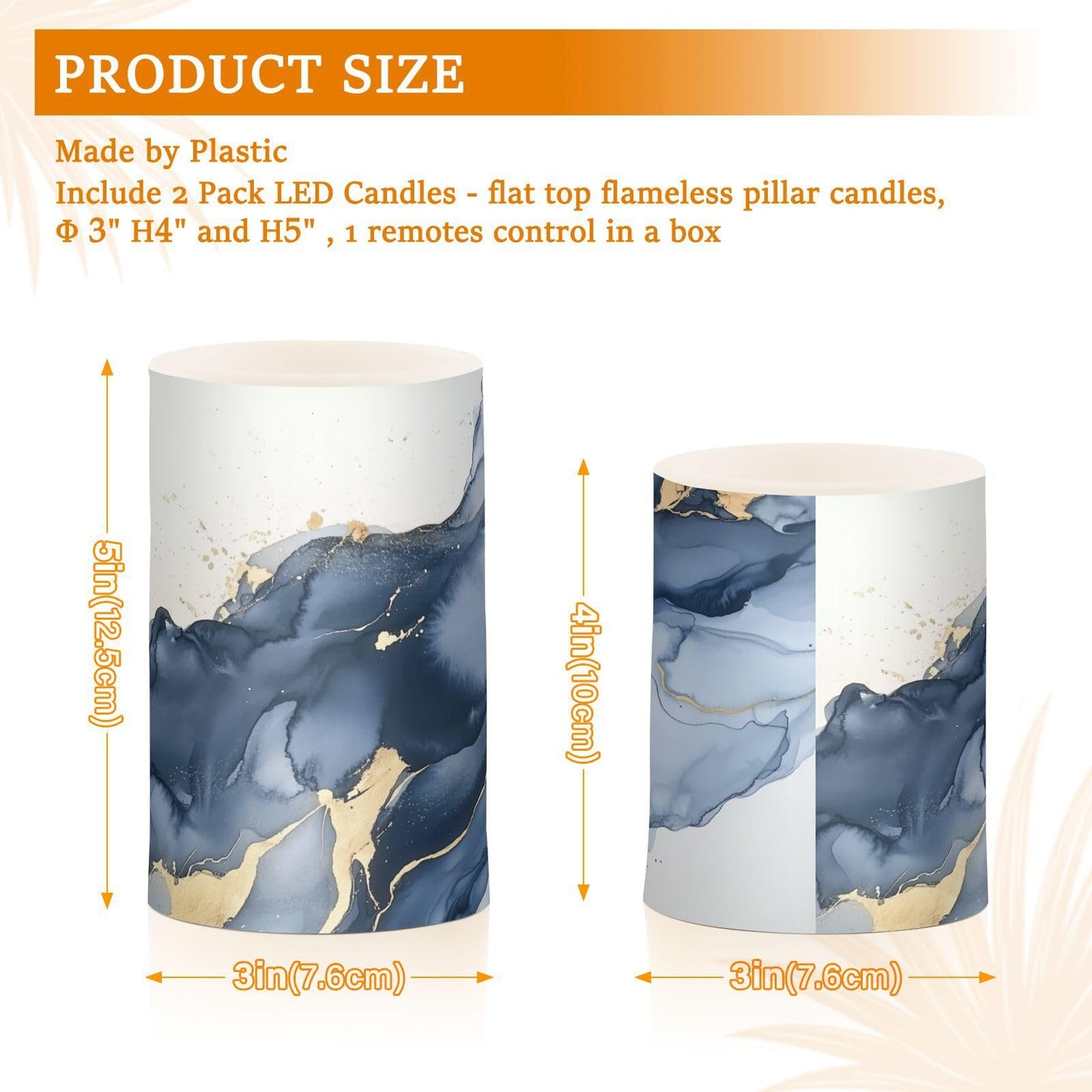 WEVIBOFU Blue and Gray Gold Marble Flickering Flameless Candles LED Battery Operated with Remote Timer Pillar Candles for Home Birthday Wedding Christmas Decor, Set of 2