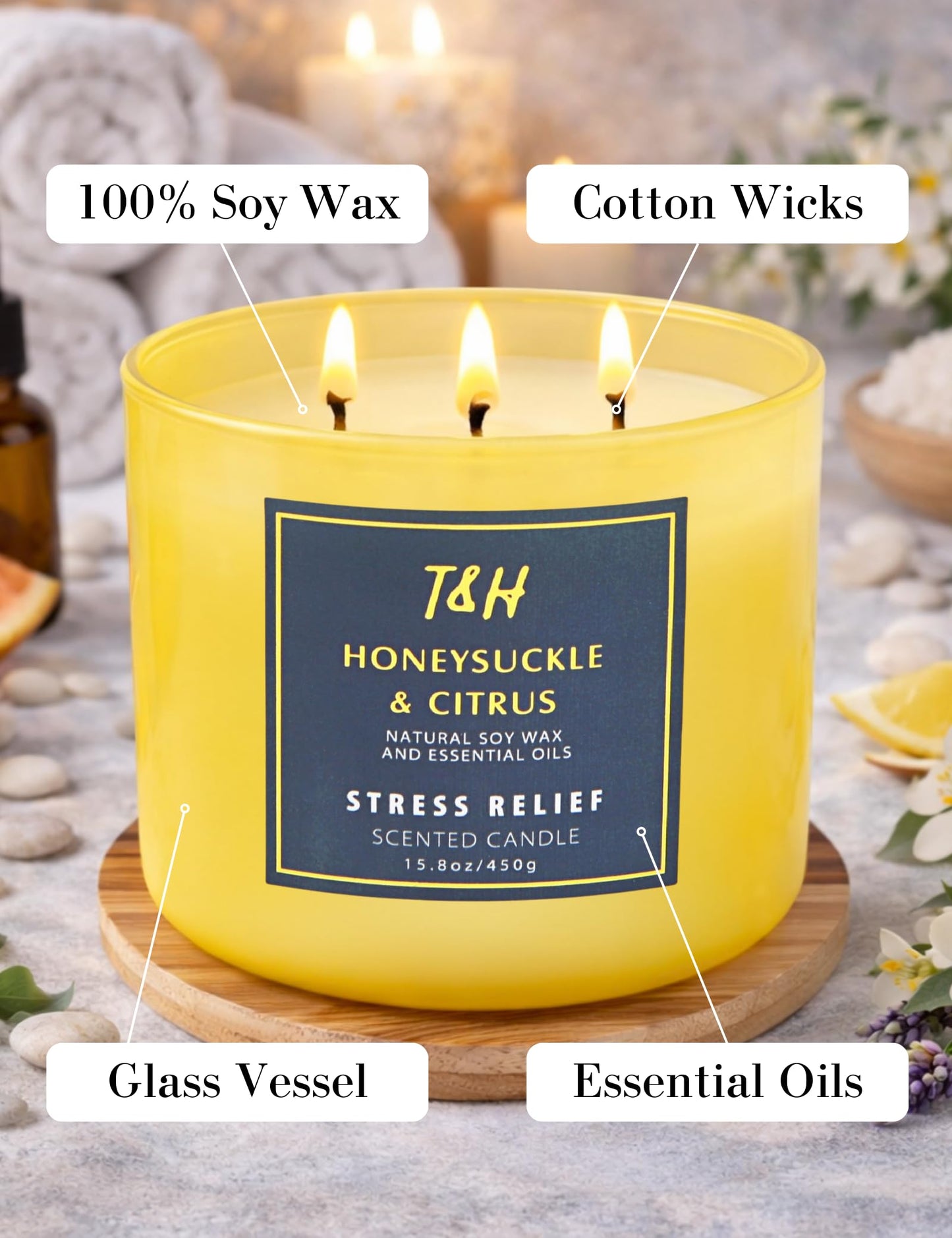 Honeysuckle Citrus 3-Wick Soy Candle | 15.8 oz Large Scented Candle for Home | Clean Burn Long Lasting | Fresh Floral Citrus Scent | Gift Ready