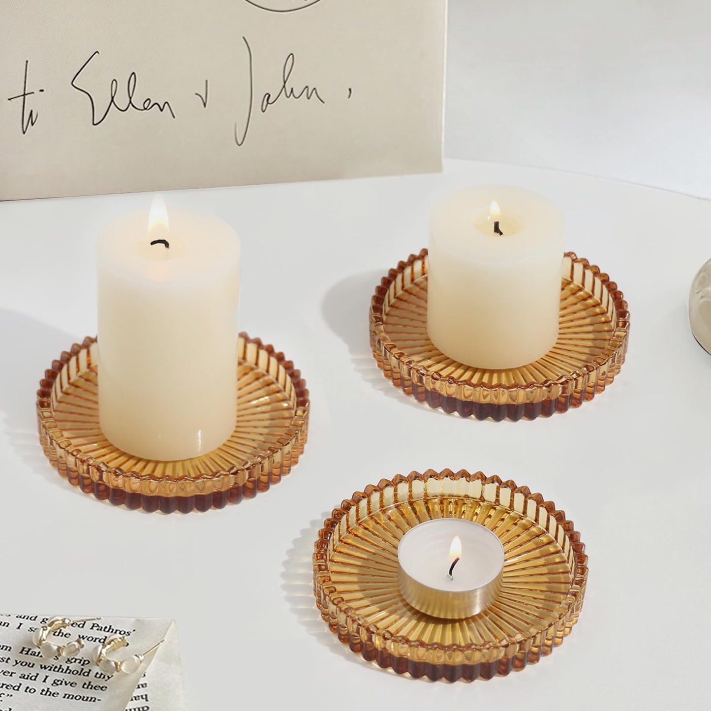 CHOCSTAY Glass Pillar Candle Holder, 4" Amber Candle Plates Set of 3, Glass Candle Holders for Wedding, Party, Holiday, Home Decor, Table Centerpiece