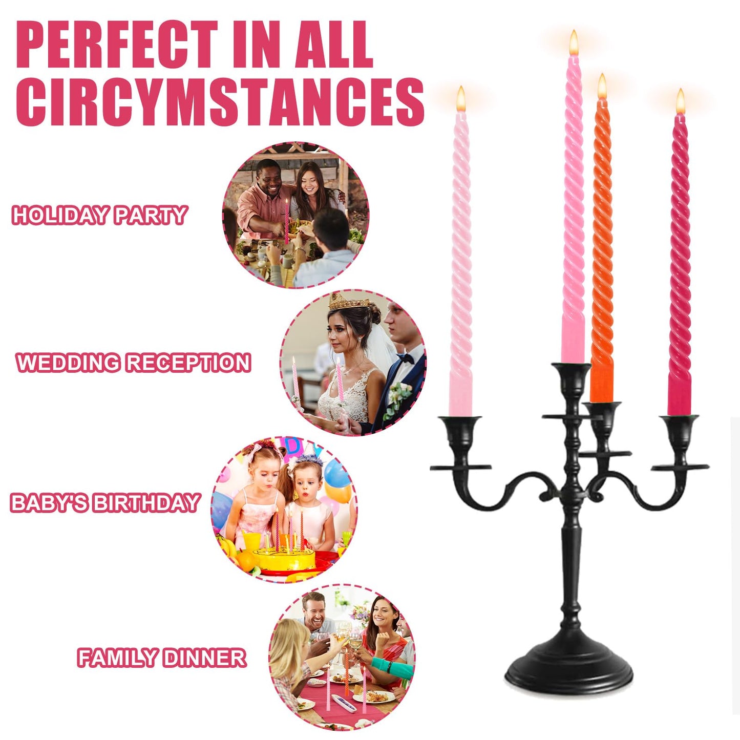 Whaline 8 Pcs Spiral Taper Candles Hot Pink Orange Pink Dripless Twisted Wax Candles 10 Inch Long Unscented Candle Sticks for Summer Fall Baby Shower Wedding Sunset Party Home Dinner Decor