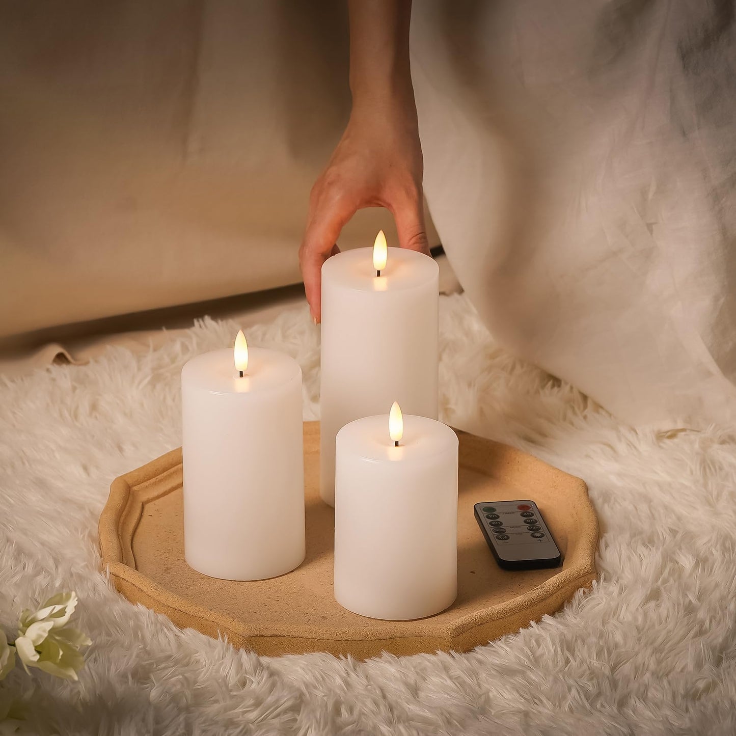 Stmarry White Flameless Candles with Remote and Timer, Real Wax Made LED Pillar Candles Battery Operated with 3D Flickering Flame - 3" x 4",5",6" - Set of 3