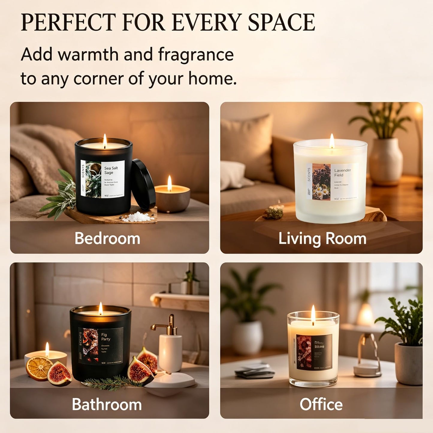 4-Pack Soy Candle Gift Set, Natural Aromatherapy Candles - Sea Salt Sage, Fig Fir, Lavender Eucalyptus, Velvet Rose, 5oz Each 150 Hour, Aromatherapy Candle Gift Set for Home, Relaxation & Spa