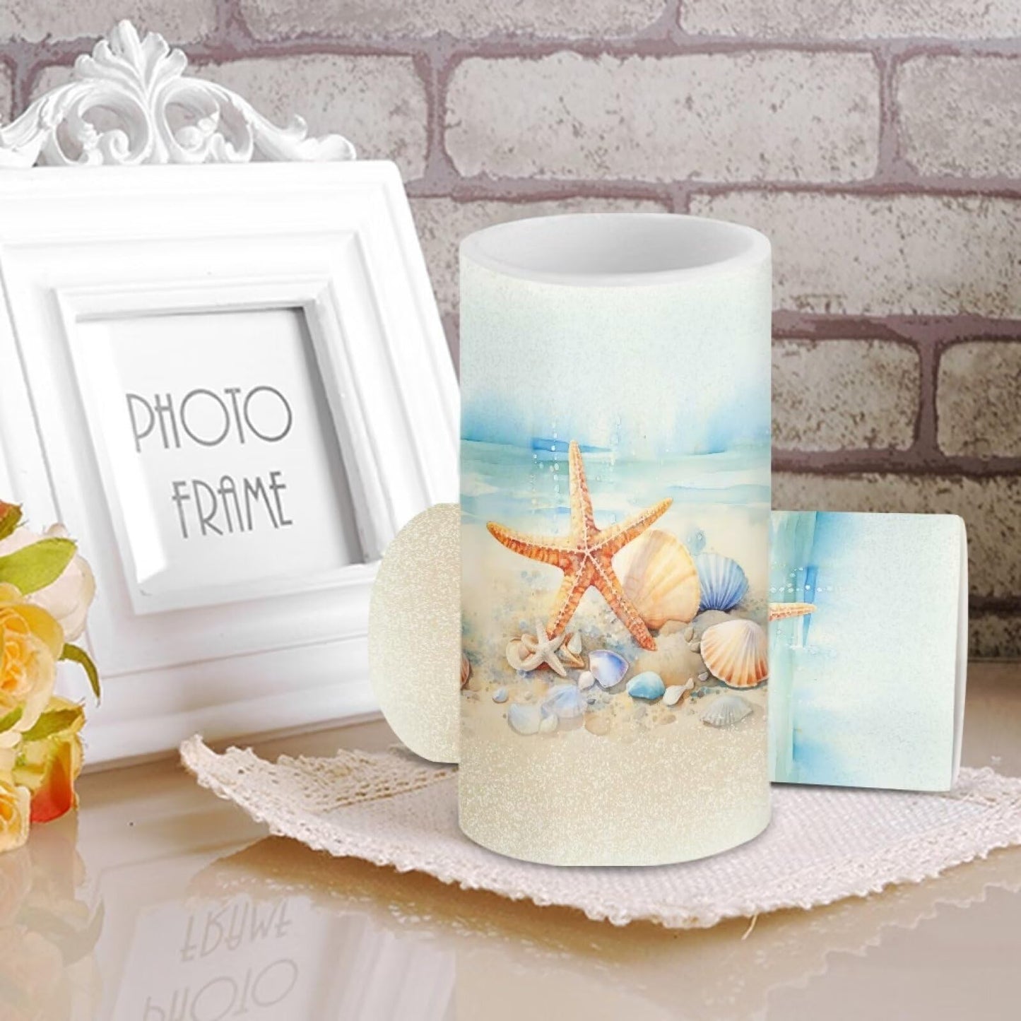 NETILGEN Flameless Candles LED Candles Electric Pillar Candles with Remote Timer Control Long Lasting for Indoor Outdoor Beach Themed Home Decoration Set of 2, Starfish Seashell Painting