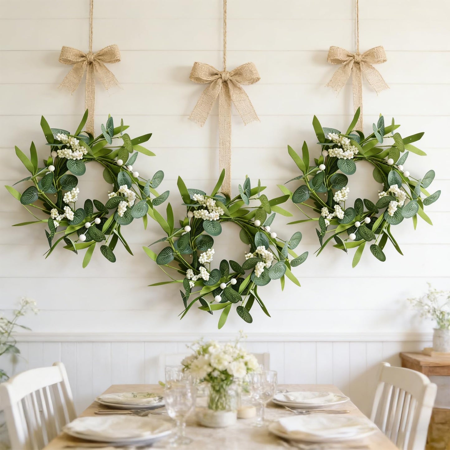 6 Pcs Green Artificial Eucalyptus Candle Rings Wreaths Mini Green Summer Kitchen Cabinet Wreath Table Centerpieces with White Berry for Pillars Farmhouse Porch Front Door Wedding Decor