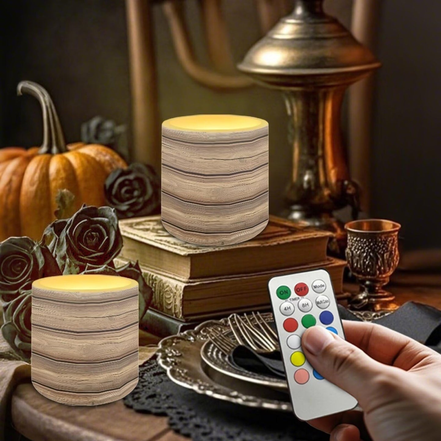 Cozeyat Wood Grain LED Candles Set of 4 Battery Powered Flameless with Remote Timer Dancing Flame Waterproof for Home Garden Table Use