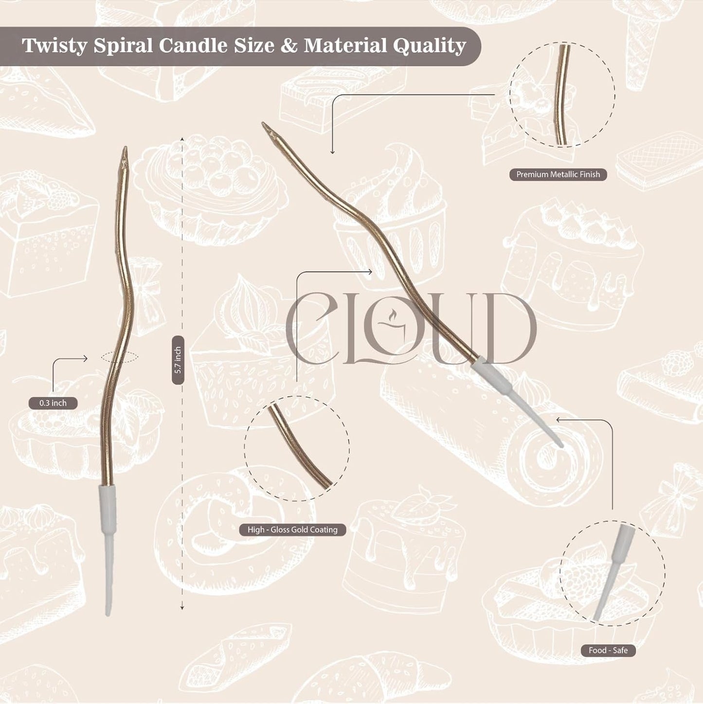 Cloud 48 PCS Metallic Gold Spiral Cake Candles with Holders, Long Twisty Curly Birthday Candles for Cake & Cupcake Decoration, Party Supplies