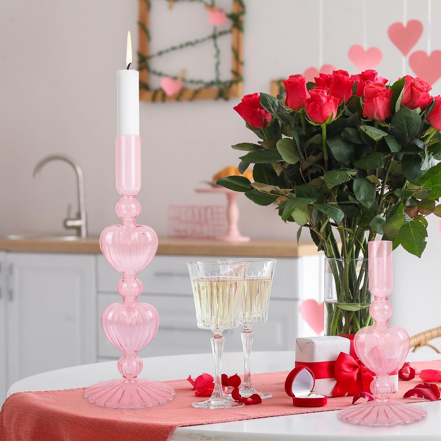 JarThenaAMCS 2Pcs Valentine's Day Glass Candlestick Holders Pink Heart Glass Taper Candle Holder Valentines Heart Candle Stick Vase Decor for Galentine's Day Wedding Festival Party Table Centerpiece