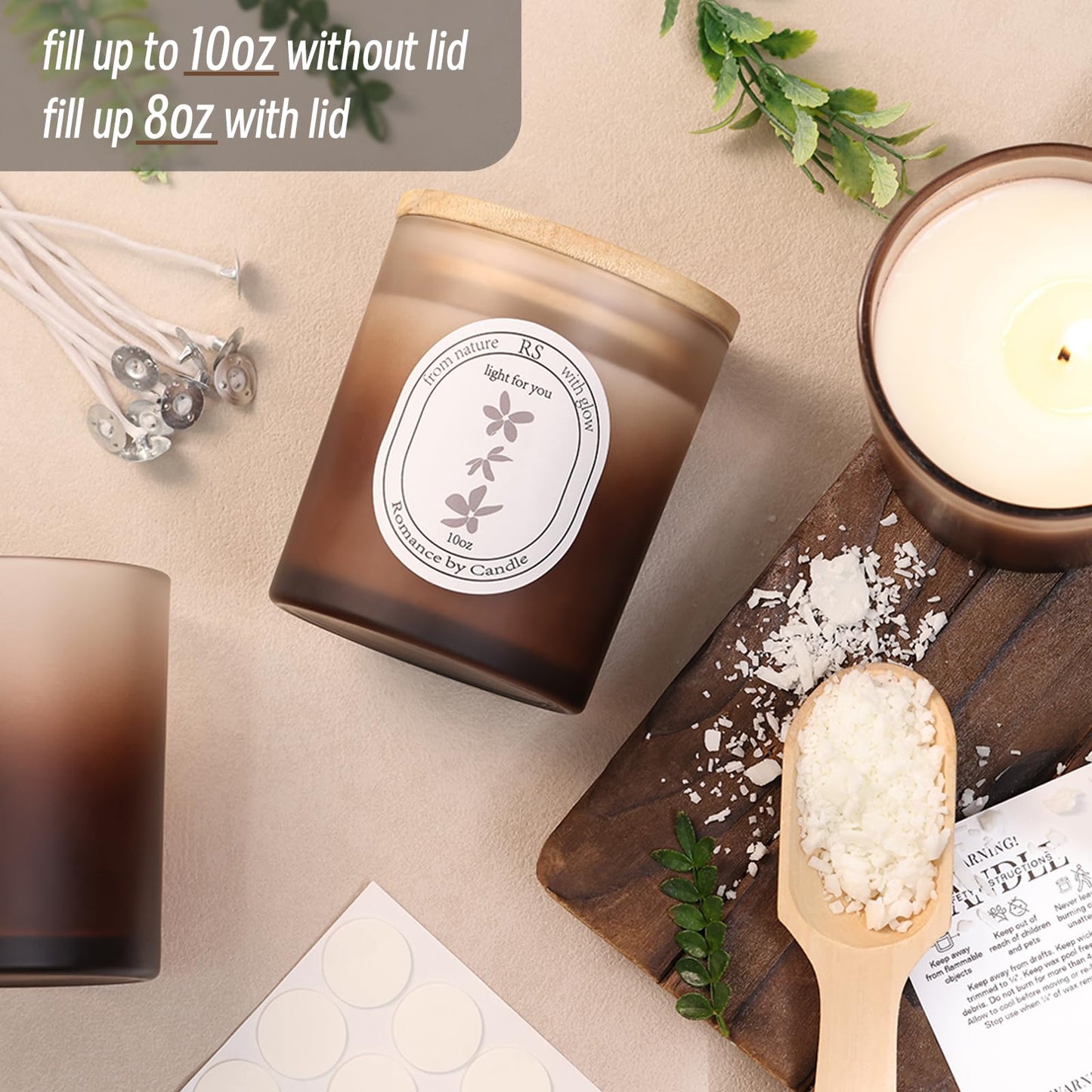 REISEN 12Pcs Gradient Amber Candle Jars for Making Candles, 10oz Glass Jars with Bamboo Lids, Candle Wick Kit and Sticky Warning Labels, Candle Containers Vessels for DIY Gifts