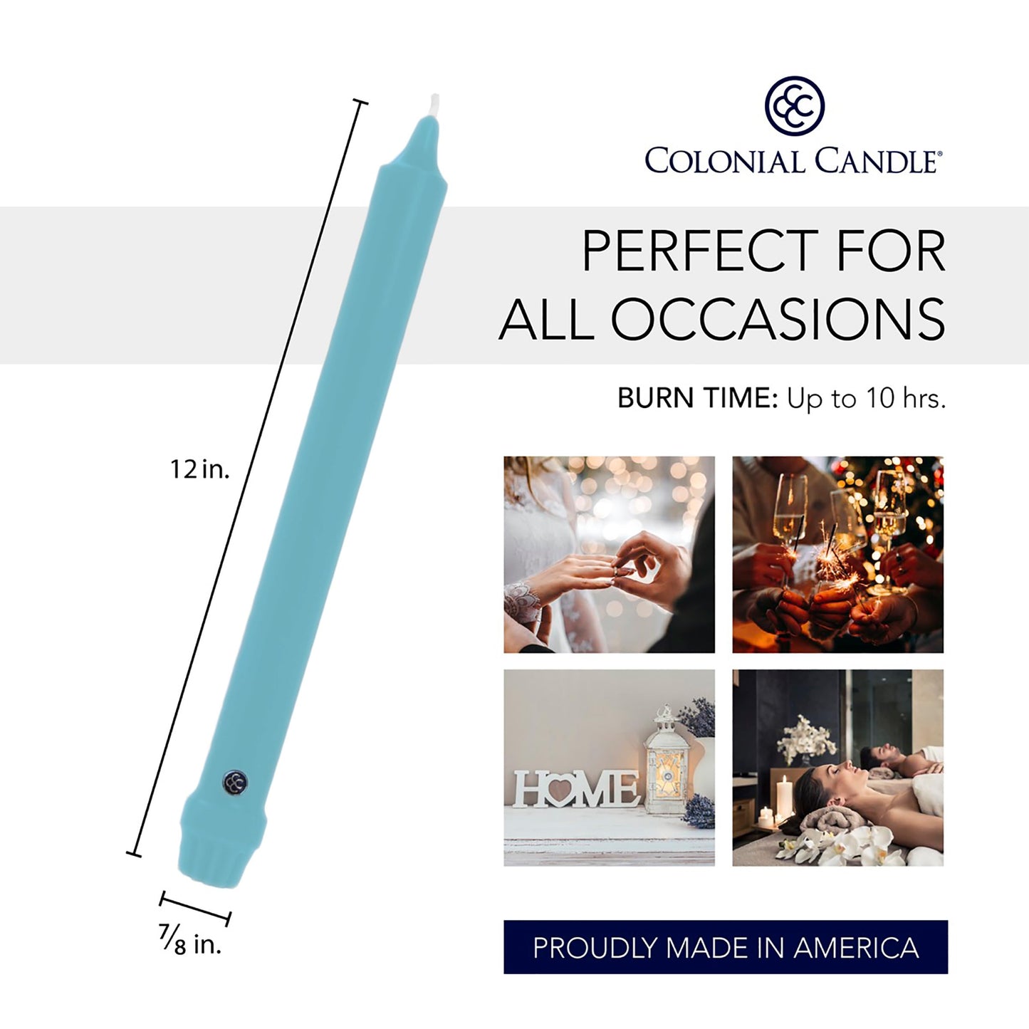 Colonial Candle Unscented Taper Candle, Classic Collection, Coastal Blue, 12 in, Pack of 12 - Up to 10 Hours Burn