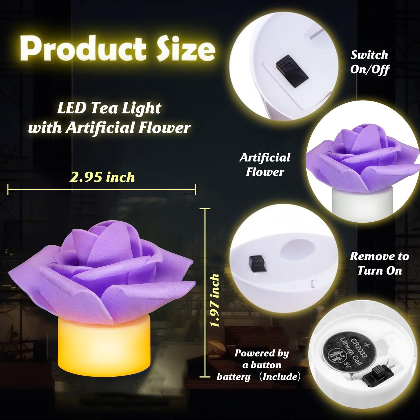 SupBri 12 Pack LED Tea Lights Candles with Artificial Rose Petals, Romantic Flameless Battery Operated Candles for Valentines Wedding Proposals Christmas Decor (Purple)
