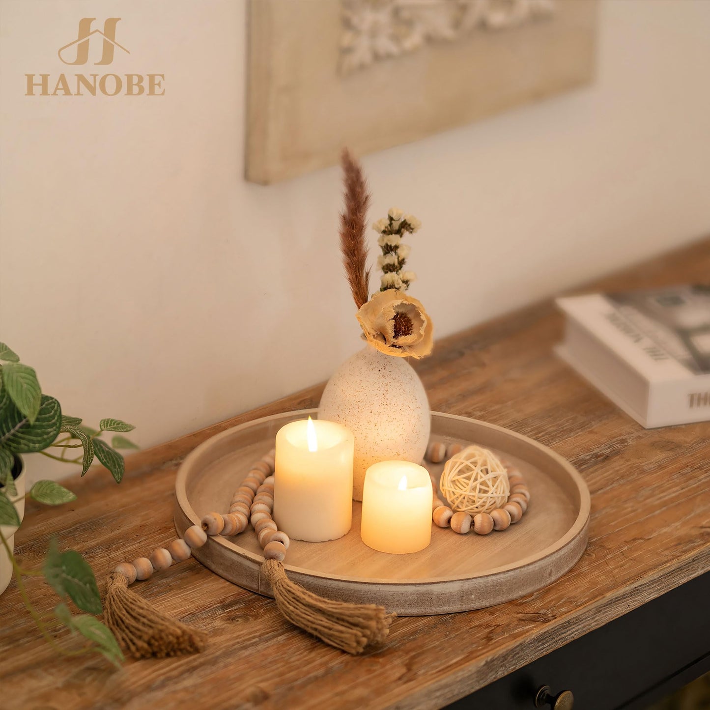 Hanobe Candle Plate Holder Tray: Whitewash Round Wood Candle Plate Decorative Centerpiece Small Tealight Pillar Trays for Living Room Dining Coffee Table Home Decor