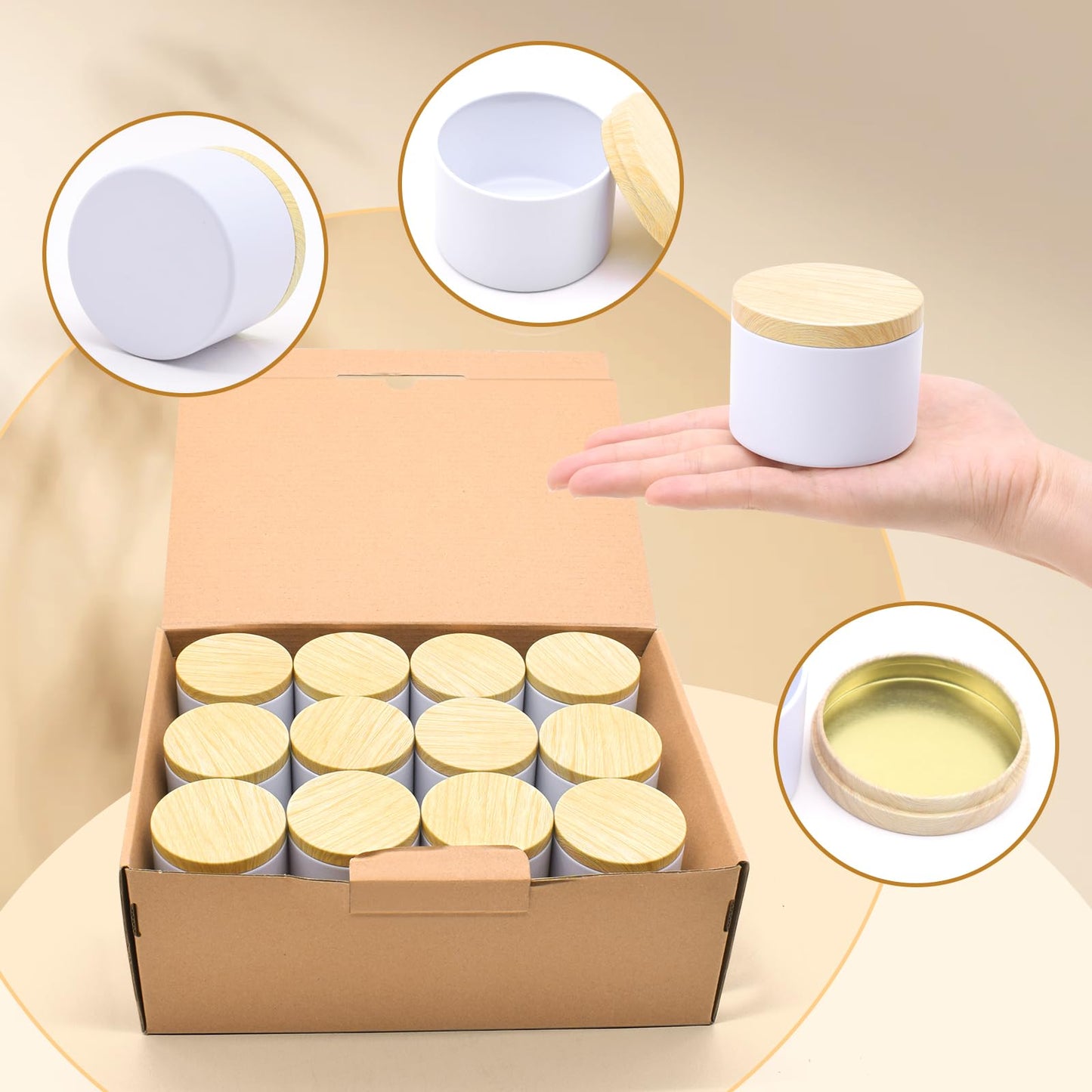YJHSS 24-Pack 4oz Candle Tins with Wood-Grain Printing Lids, Metal Candle Jars for Candle Making, Empty Containers Vessels Bulk for Small Business & Beginners DIY Storage -Wood White