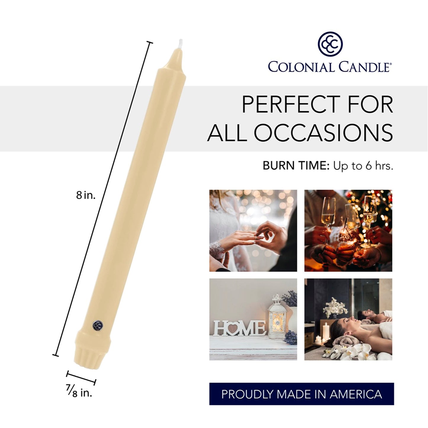 Colonial Candle Unscented Taper Candle, Classic Collection, Limoncello, 8 in, Pack of 12 - Up to 6 Hours Burn