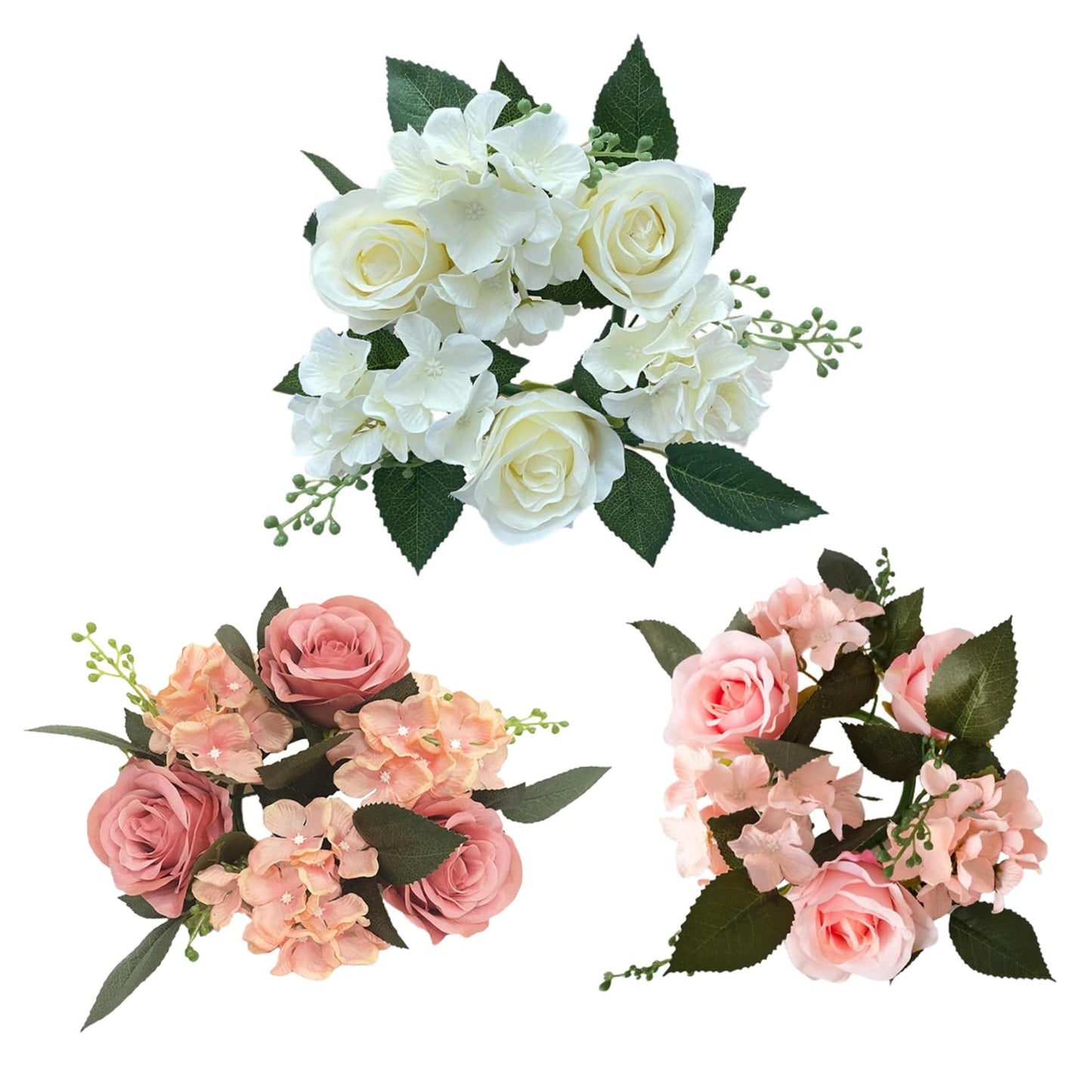 Candle Rings Wreaths 4 Inch Center Artificial Rose Candle Wreath Silk Flower Christmas Rings for Wedding Centerpiece Party Home Table Decor Style 2