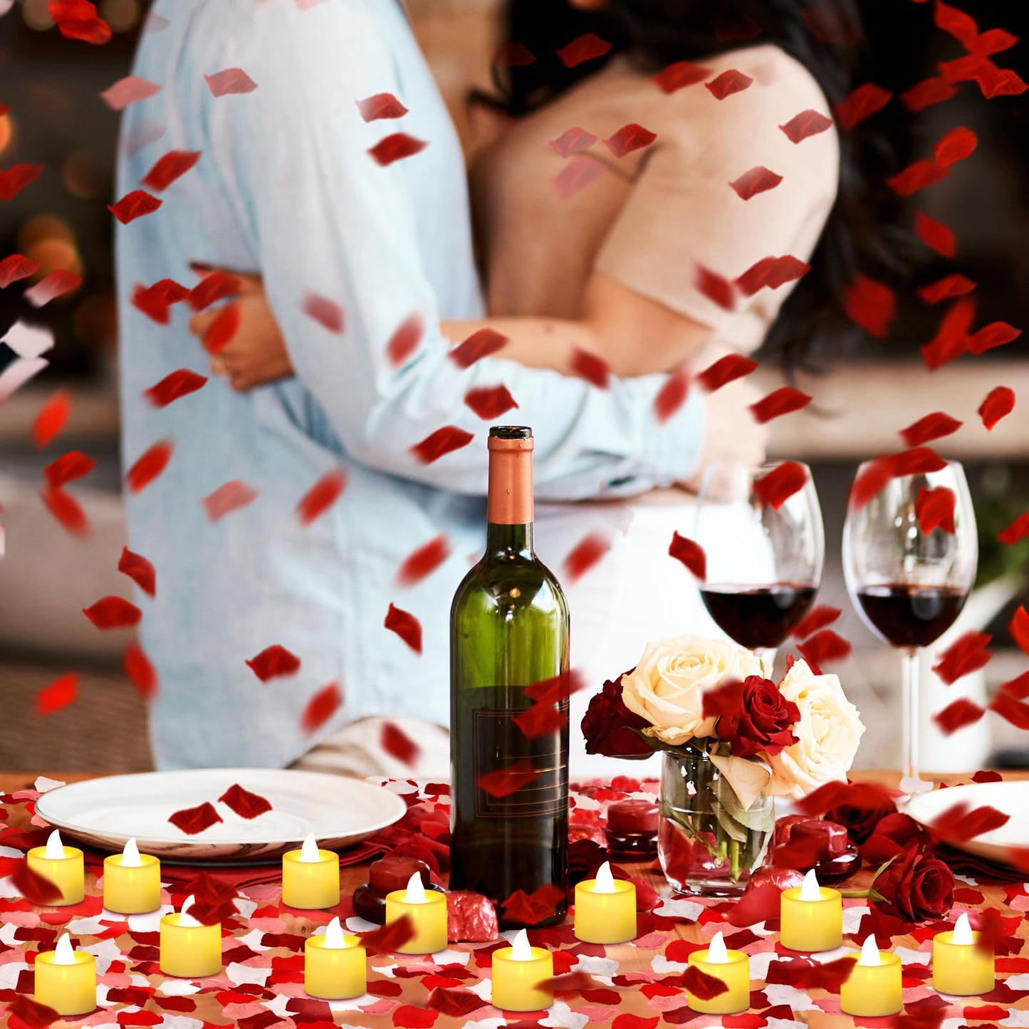 Coume 6000 Pcs Artificial Rose Petals with 72 Pcs Flameless LED Candles Romantic Decorations Fake Candles Anniversary Decorations for Valentine's Day Wedding Night(Warm White with Red Series Petal)