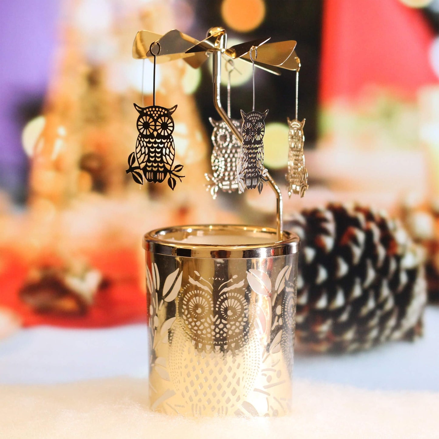 iLajao Candle Carousel Rotary Candle Holder Christmas Carousel Spinning Tealight Candleholder Christmas Decoration Centerpieces for Tables Valentine Easter (Golden Owl)