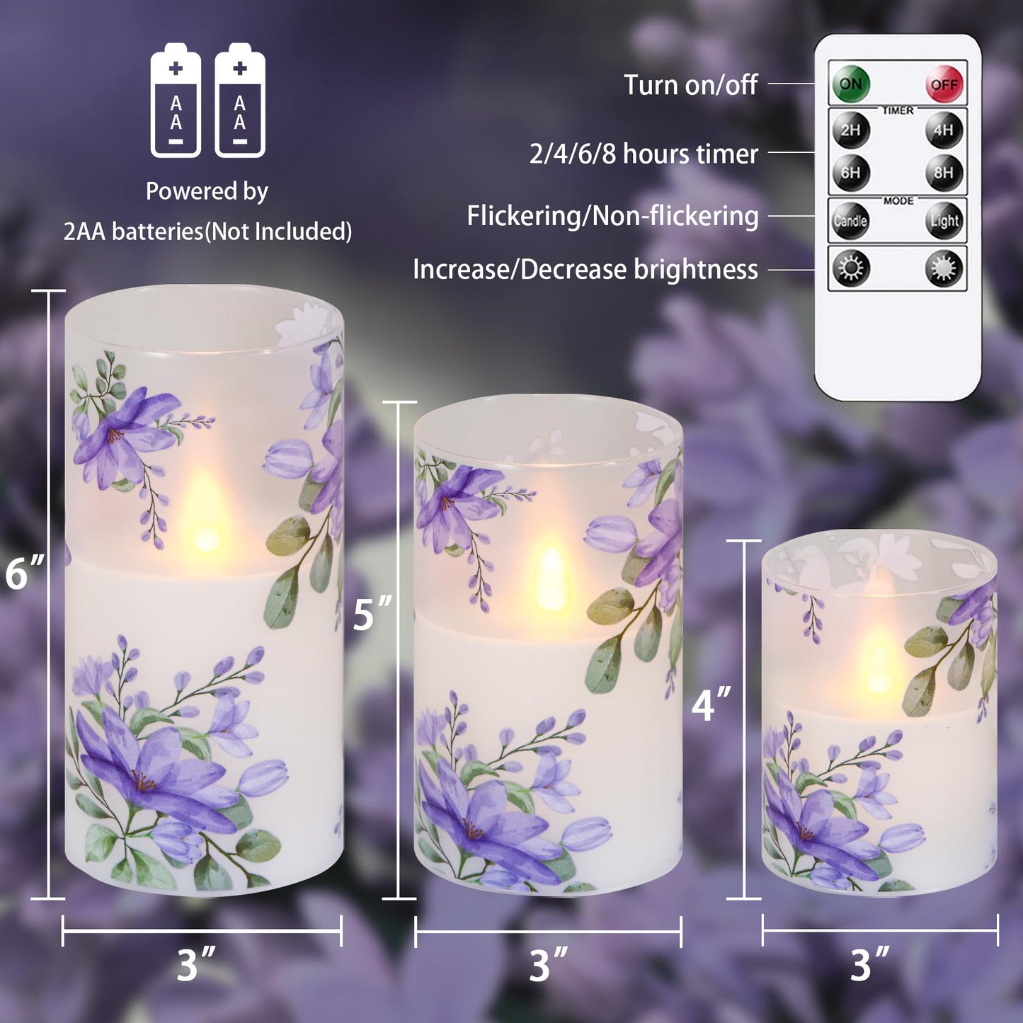 Mavandes Flameless Flickering Glass Candles with Remote and Timer,Purple Flowers LED Battery Operated Real Wax Set of 3 Realistic Wick Electric Pillar Candles,Warm Fire(3 x 4, 5, 6 Inches)