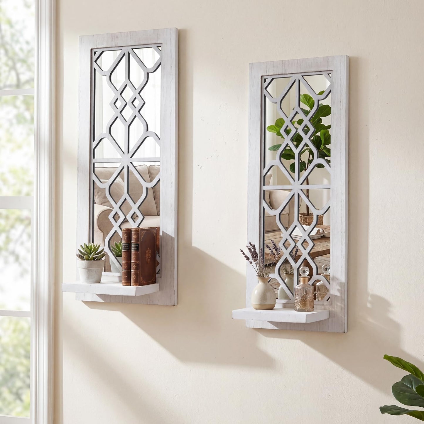 ZEXUIRU 2 Set Rustic Candle Sconces Living Room Bedroom Entryway Wood Mirrored, Farmhouse, Carved Frame Wall-Mount Wooden Candle Holders Wall Decor Hanging Handmade Holder - Distressed White