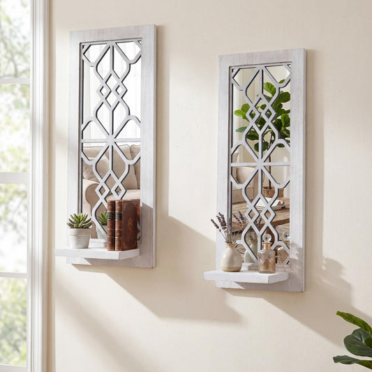 ZEXUIRU 2 Set Rustic Candle Sconces Living Room Bedroom Entryway Wood Mirrored, Farmhouse, Carved Frame Wall-Mount Wooden Candle Holders Wall Decor Hanging Handmade Holder - Distressed White