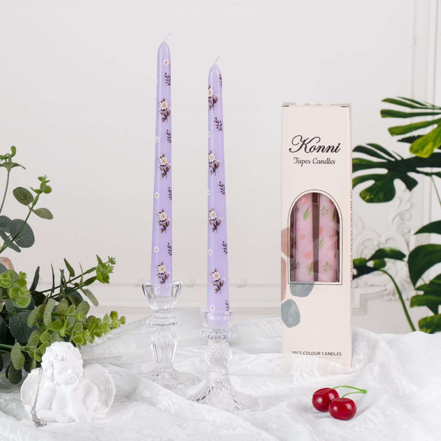 Taper Candles,10 inch 2pc Purple Tapered Candles with Camellia Printed, Unscented and Smokeless Long Burning Candles,Tall Candlesticks with Cotton Wicks,Ideal for Weddings, Home Décor