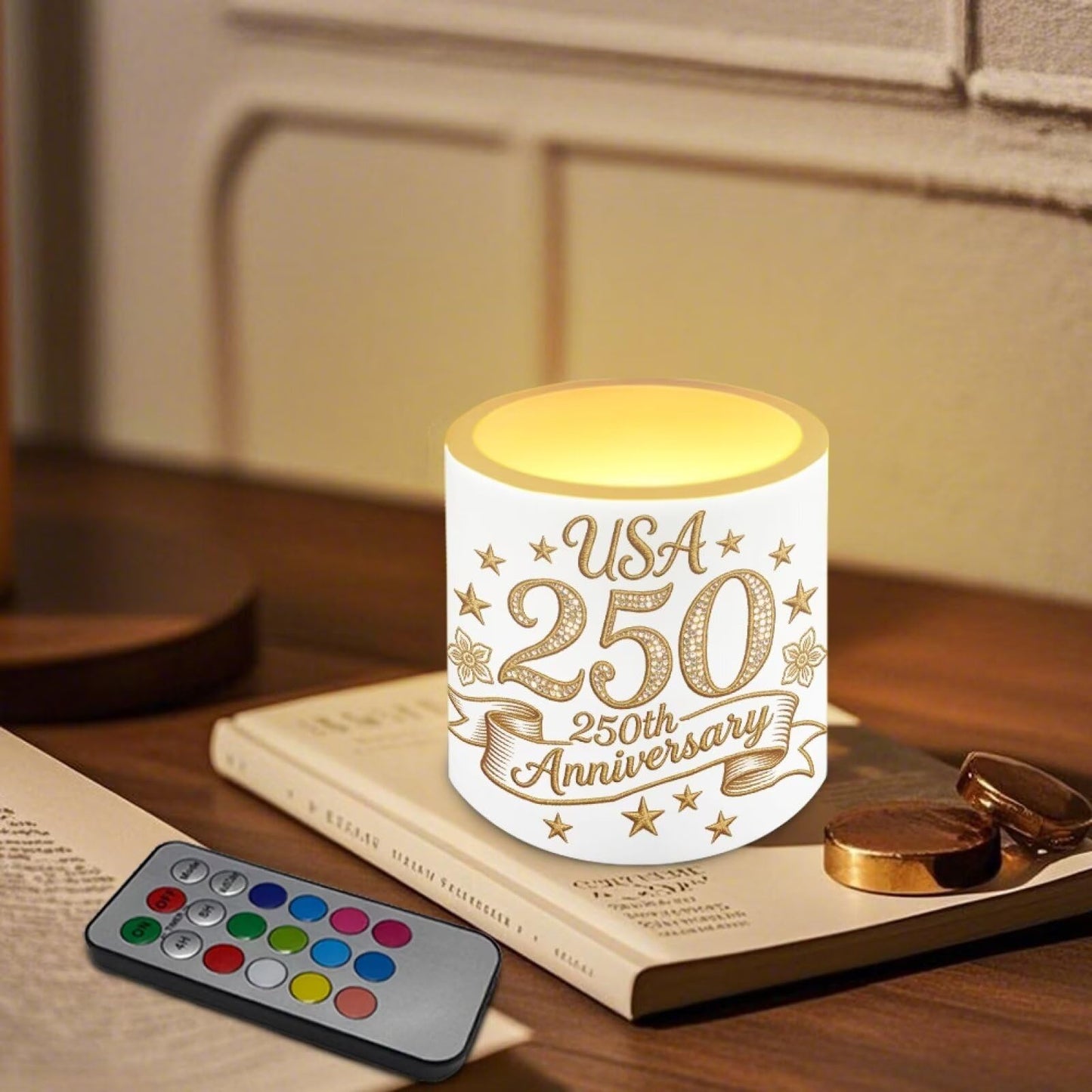 NETILGEN American 250th Anniversary Theme 4 Packs Flameless Candles LED Pillar Candles with Battery Operated Color Changing with Remote Control American Flag Eagle Print