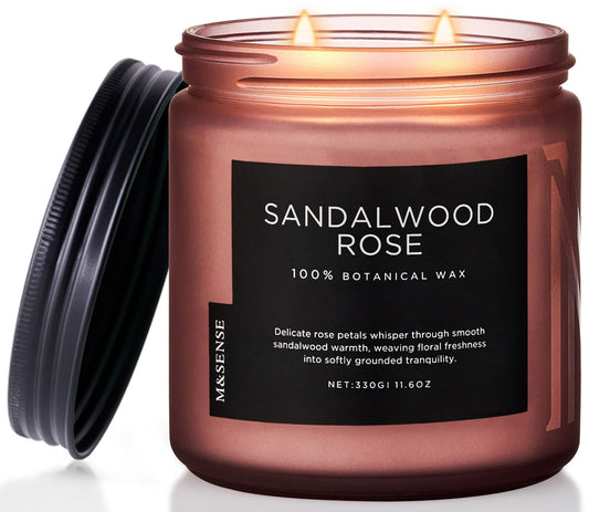 M&SENSE Sandalwood Rose Scented Candle - 11.6oz Natural Soy Wax Non Toxic 70-Hour Burn Long Lasting Candle, 2-Wick Strong Scent for Home - Slow-Burning Housewarming Gift for Men & Women