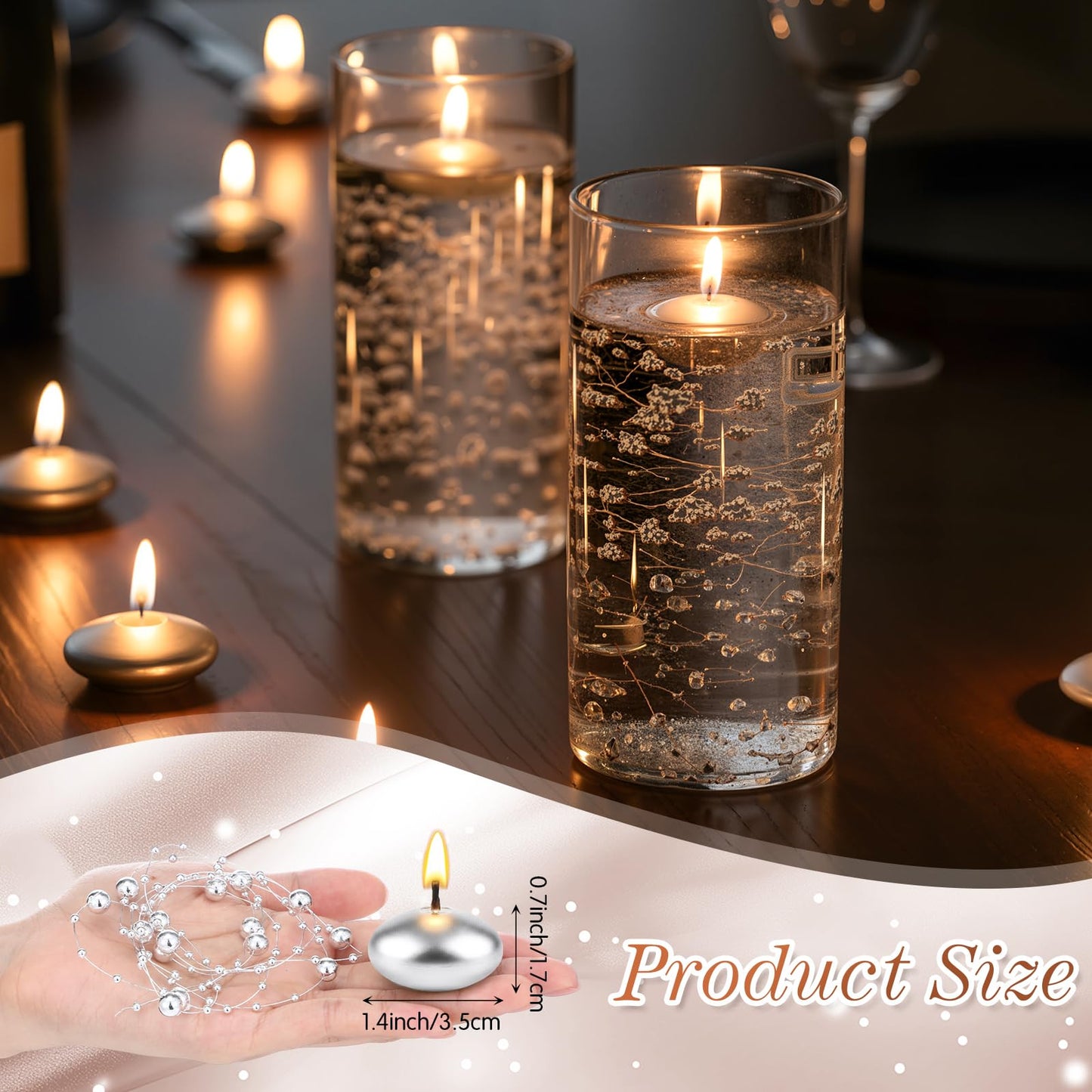 Fumete 40 Pcs Silver Wedding Floating Candles with Pearl Strings, Small Unscented Floating Candles for Centerpieces, Anniversary, Romantic Dinner, Engagement, Spa Bathroom, Home Decoration