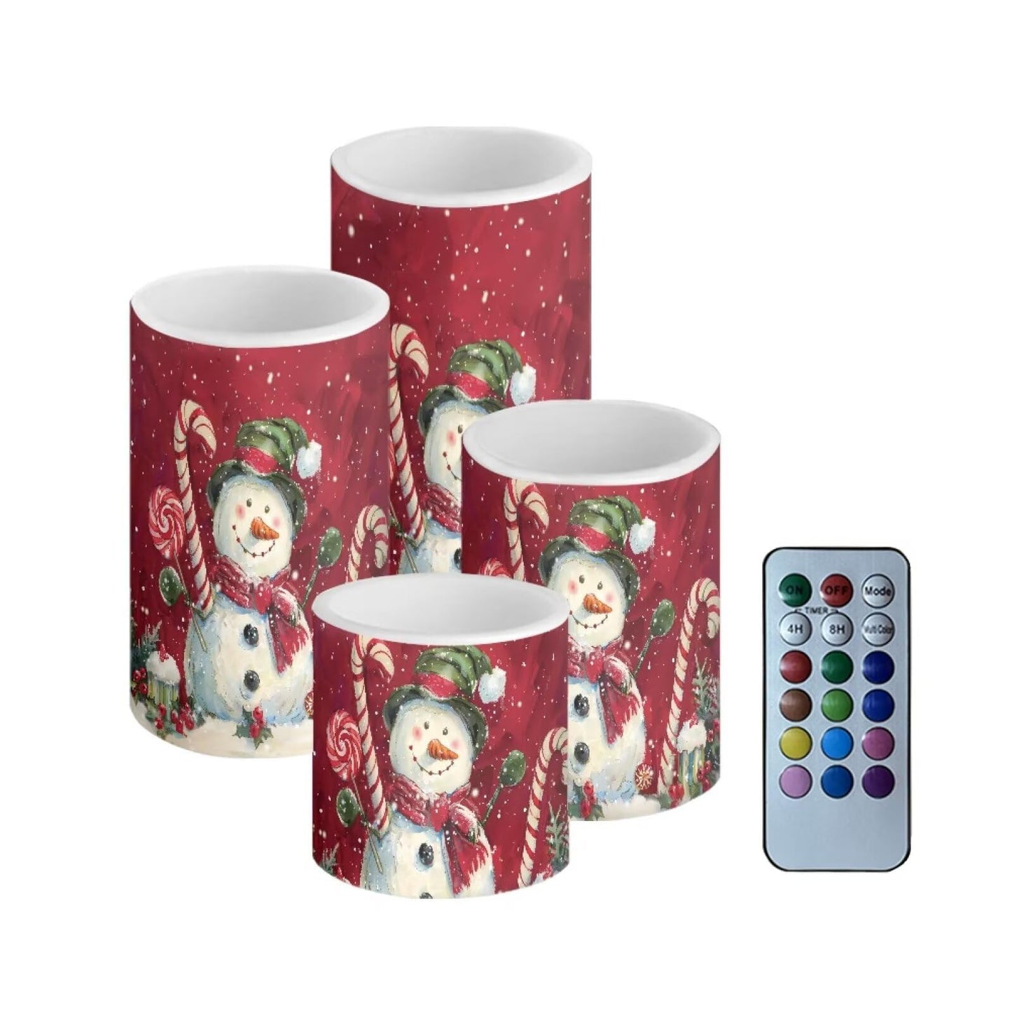NETILGEN Flameless LED Battery Candles with 18-Key Timer Remote Control Colorful Lights Candles Set of 4 Christmas Cartoon Snowman Print