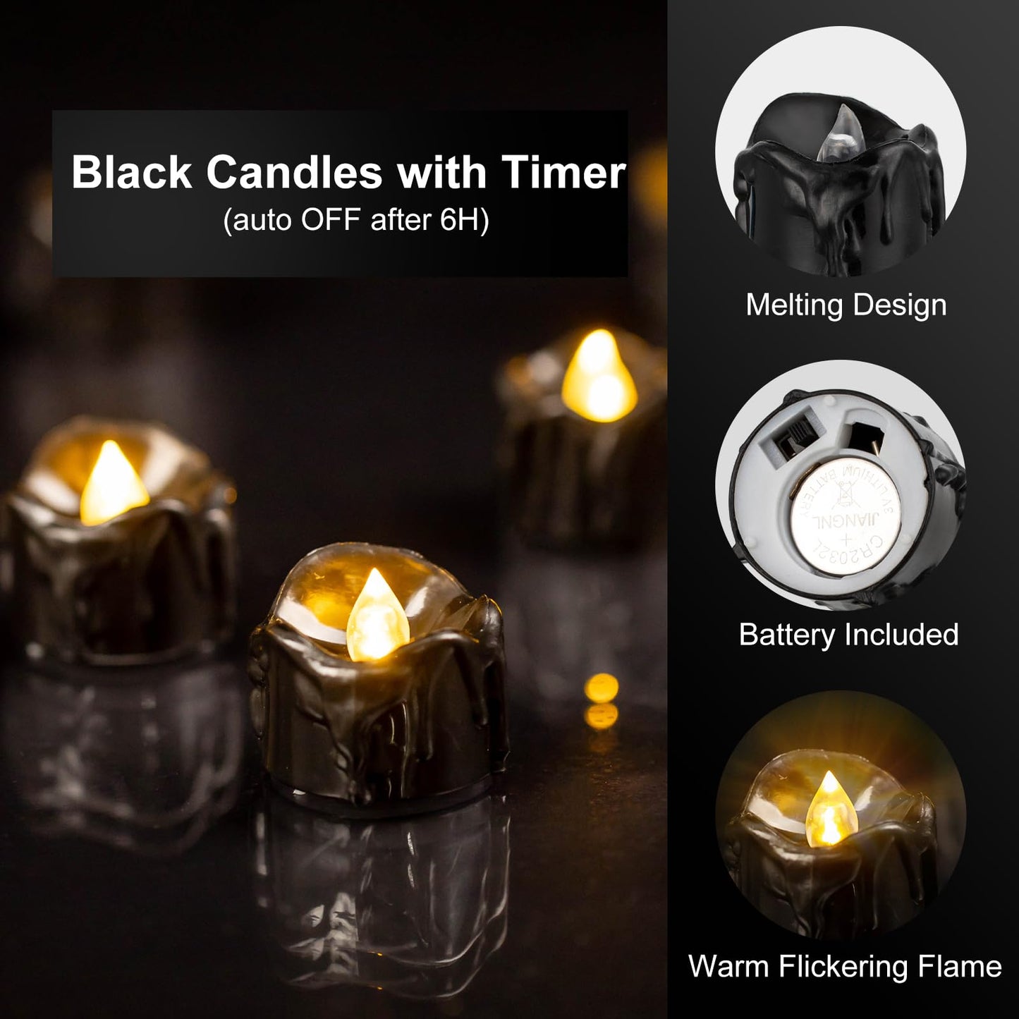 Windshell Black Tealight Candles with Auto 6H Timer (No Remote), Battery Operated LED Flameless Tea Lights with Melting Design, for Halloween Wedding Party, 12 Pack