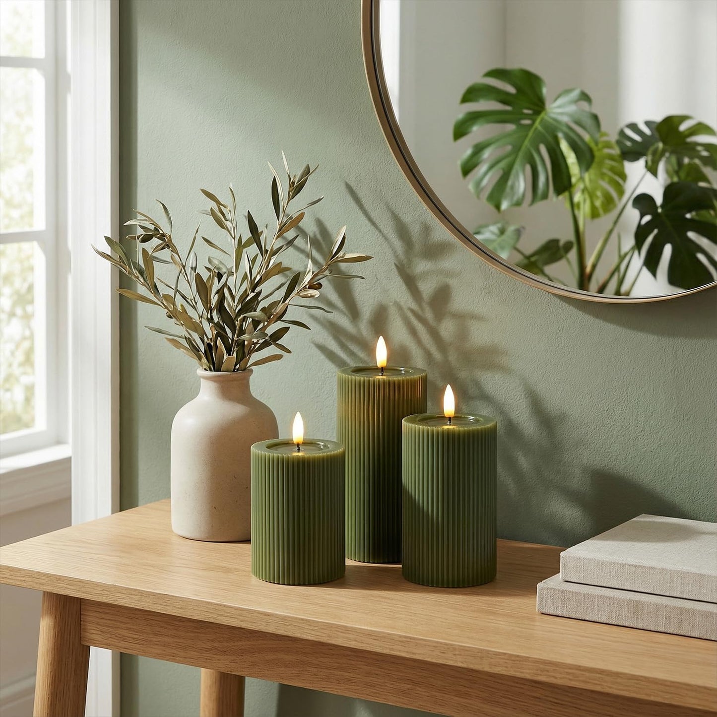 WYZworks Ribbed Fluted Real Wax Flameless LED Pillar Candles, Loden Sage Olive Green, Melted-Wax Top Look, Flickering Flame, Battery Operated, Remote & Timer, Shelf & Wedding Decor (Set of 3)