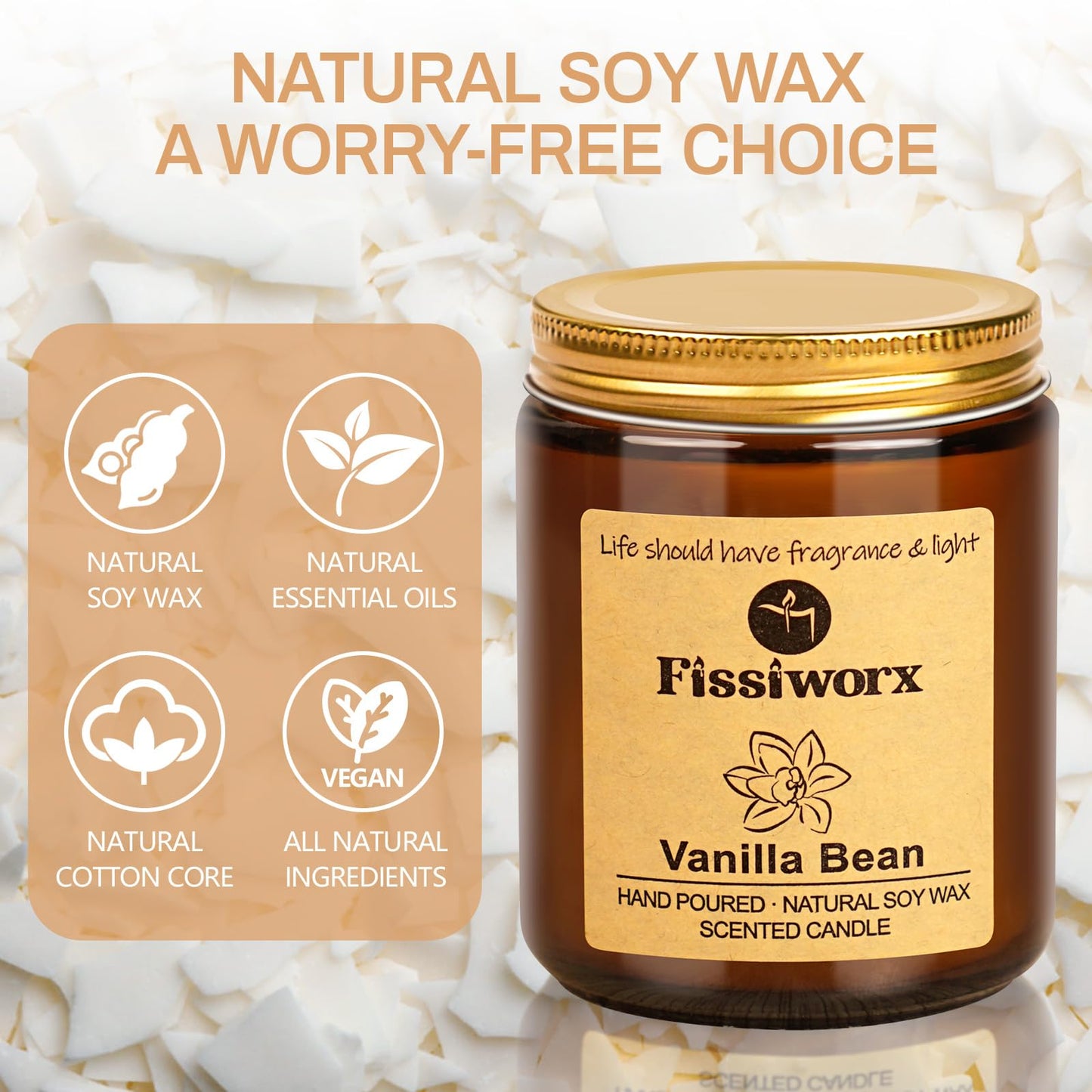 Fissiworx Vanilla Scented Candle Set 2 Pack, Candle for Home Scented, Odor Eliminating, Stress Relief, 15oz, 110 Hours Long Lasting Candles, Soy Candle Gift Set for Women