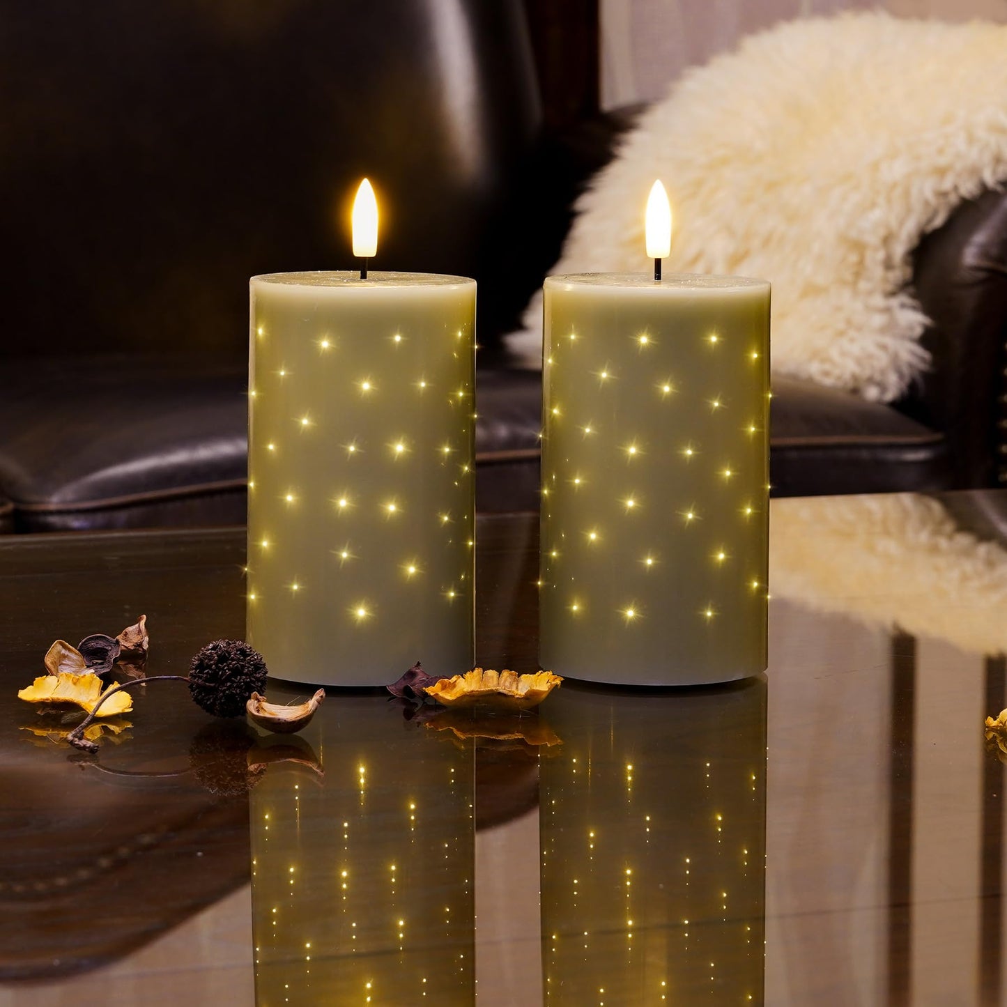 Rhytsing Sage Green Fiber Optic Real Wax Flameless Candles with Remote, Battery Operated Decorative Pillar Candles for Spring and Summer, Christmas Gift Set with Batteries, H 5 inches - Set of 2
