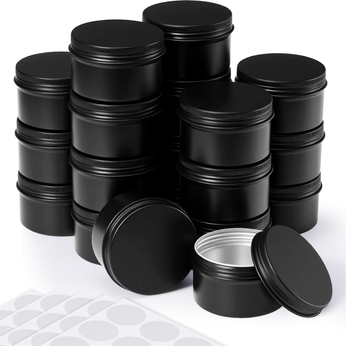Patelai 36 Pcs 4 oz Metal Round Tins Aluminum Tin Cans Salve Tins Containers with Screw Lid 10 Sheets Stickers for Salve Spice Candies Balms Candles (Black)