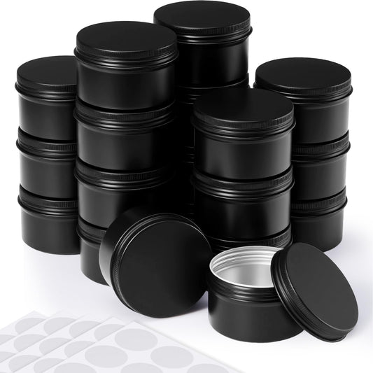 Patelai 36 Pcs 4 oz Metal Round Tins Aluminum Tin Cans Salve Tins Containers with Screw Lid 10 Sheets Stickers for Salve Spice Candies Balms Candles (Black)