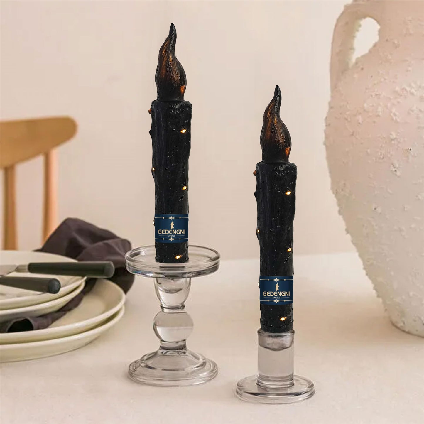 Gedengni Magical Candlesticks Flameless Taper Candle, 2pcs Black LED Tapered Candles Remote Dipped Candle 6inch Battery Chandelier for Enchanting Weddings and Harry Potter Inspired Vigils(LW2P-BA)