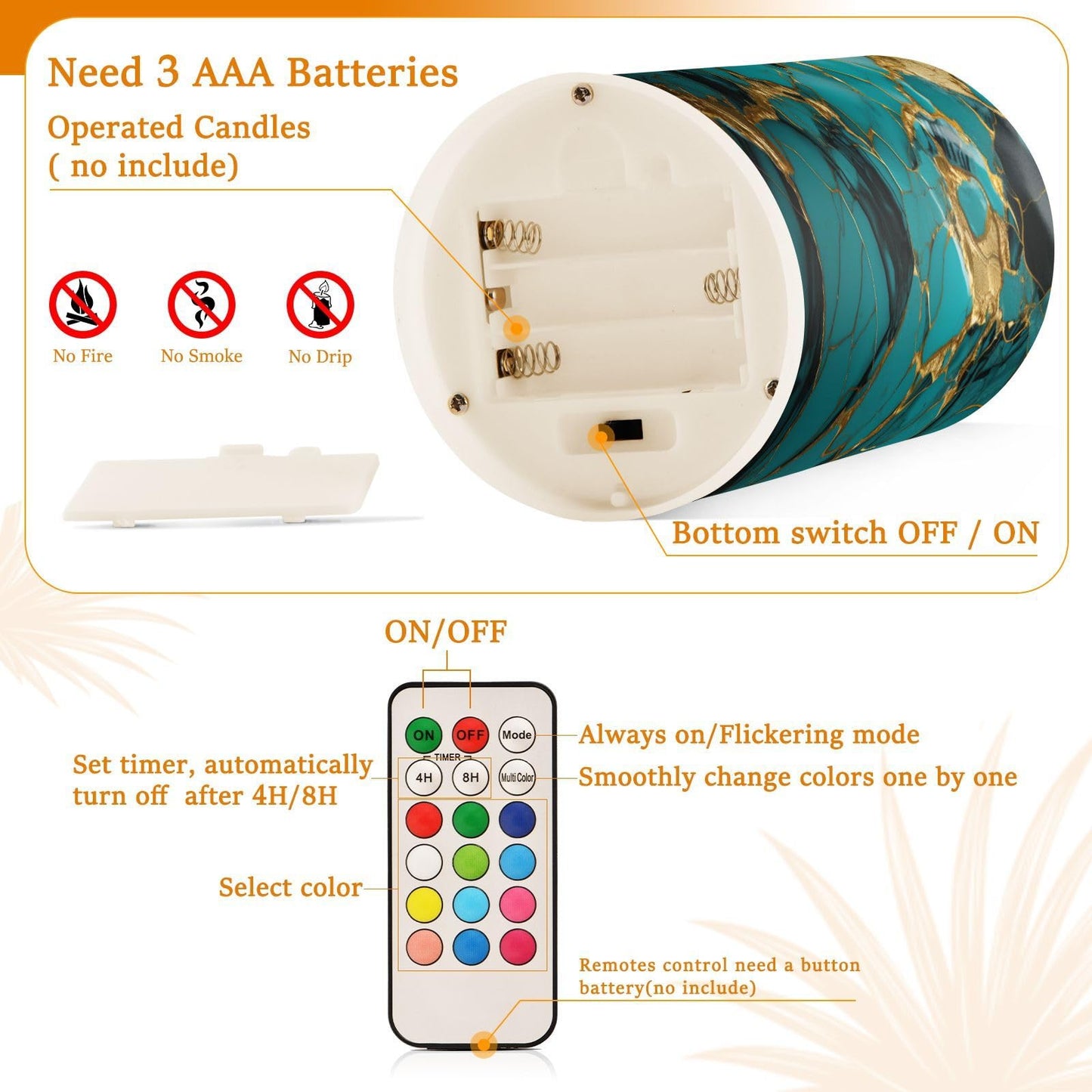 BOENLE Flickering Flameless Candles, Turquoise Golden Marble LED Candles with Remote Timer, Set of 2 Battery Operated Candle for Valentine Wedding Birthday