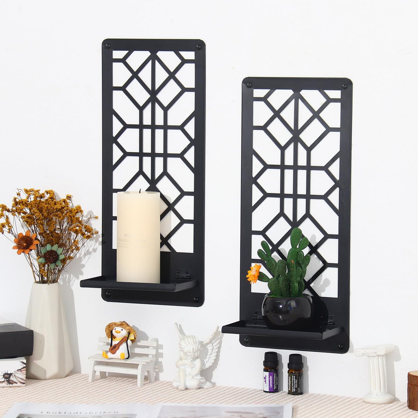 Zzbakress 2 Pcs Black Metal Wall Art Bathroom Decor Candle Holder Wall Art Retro Line Wall Decor Living Room Minimalist Metal Wall-Mount Candle Sconces for Dining Room Bedroom Kitchen (Black-Retro)