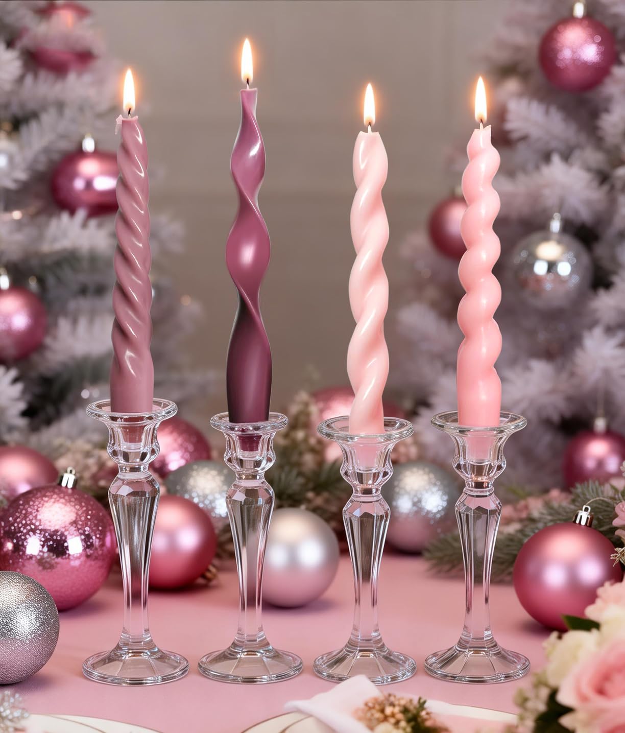 4 Pcs Pink Burgundy Taper Candles, 7.87 Inch Spiral Twisted Candle Sticks, Unscented Smokeless Pink Christmas Candlesticks for Valentines Day Wedding Bridal Shower Home Holiday Decor