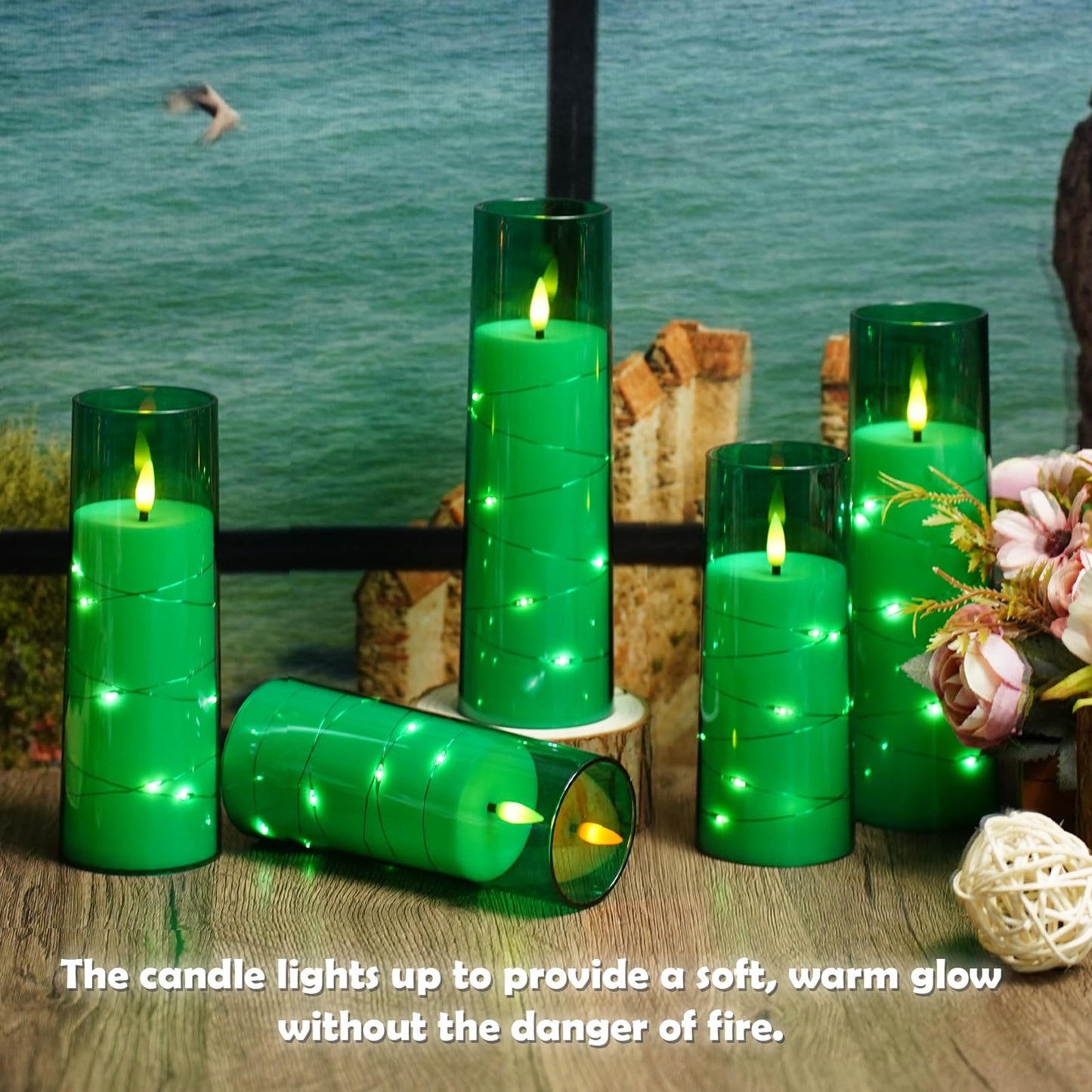 kakoya Flameless LED Candles with Timer 9 Pc Flickering Flameless Candles for Romantic Ambiance and Home Decoration Stable Acrylic Shell,with Embedded Star String，Battery Operated Candles（Green）