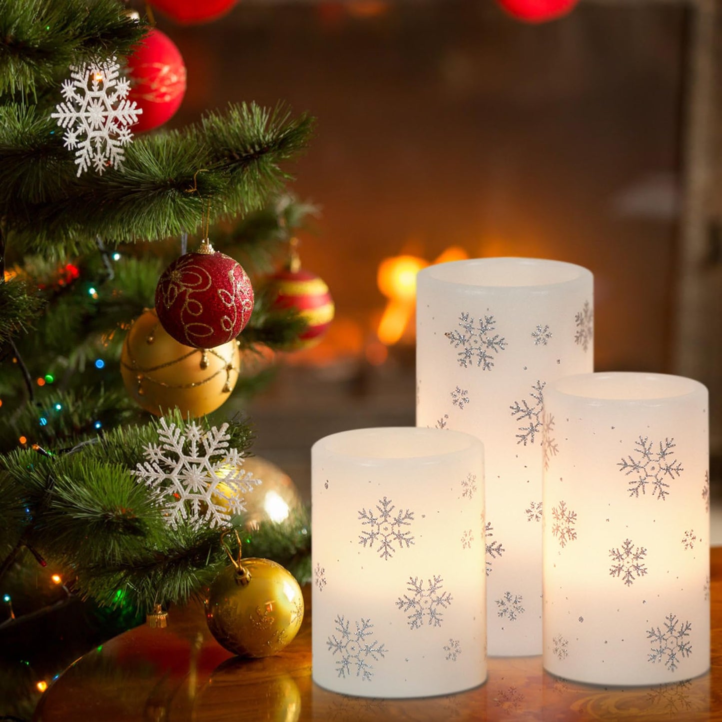 Eldnacele Christmas Flickering Flameless Candles with 6 Hour Timer, Silver Snowflake Decal Battery Operated Real Wax LED Pillar Candles Home Tabletop Holiday Decor(3Pcs,3×4/5/6 Inches)