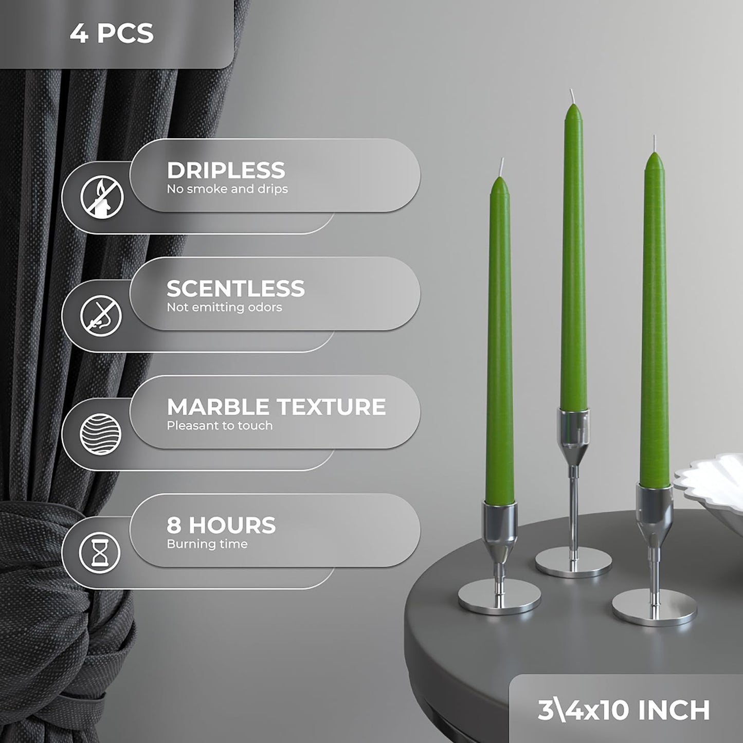 CANDWAX 10 inch Taper Candles - Set of 4 - Dripless, Unscented and Smokeless - Green Tapered Candle Sticks - Perfect for Dinner - Grass Green Candles