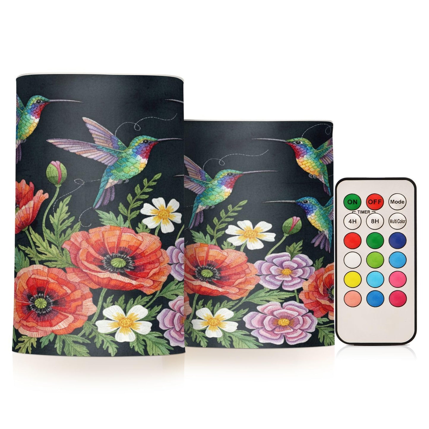 ALAZA Hummingbirds and Flowers Poppies Flickering Flameless Candles Battery Operated with Remote Timer,Tea Light Candles LED Pillar Votive Candles Set of 2 for Outdoor Indoor Decorations