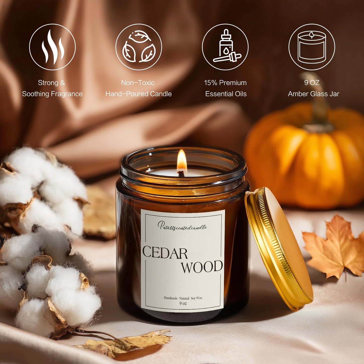 Putart Cedar Wood Candles for Home Scented, Natural Soy Aromatherapy Non Toxic Candles with Long Lasting Fragrance & Clean Burn, Luxury Jar Candle Gifts for Women, Men, Home Decoration 9oz