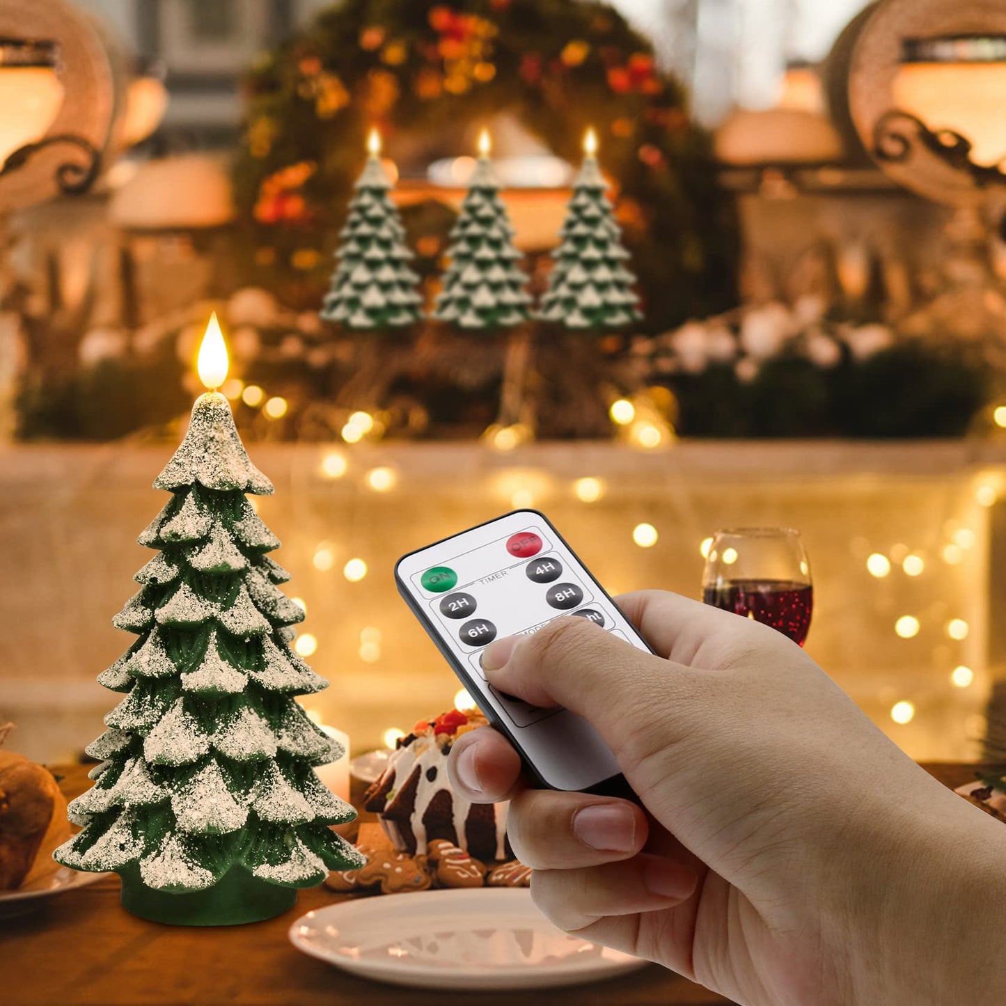 PChero Christmas Tree LED Candle with Remote Timer, 4.13x7.9 Inch Real Wax Battery Operated Pillar Candle Flameless Flickering for Xmas Eve Gift Holiday Home Party Room House Decor