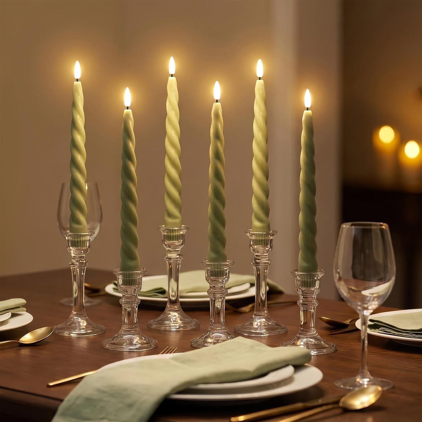 Girimax Sage Green Flameless Taper Candles with Remote, Flickering Spiral Battery LED Candlesticks Home Decor Set of 6