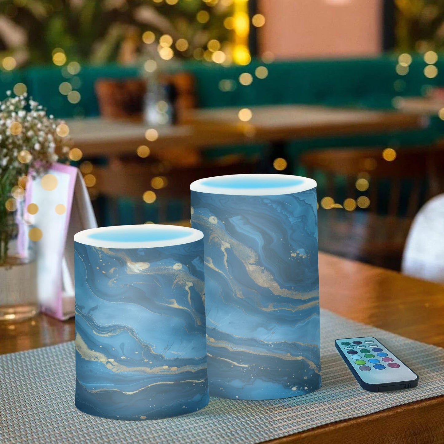 WEVIBOFU Blue and Gold Marble Flickering Flameless Candles LED Battery Operated with Remote Timer Pillar Candles for Home Birthday Wedding Christmas Decor, Set of 2