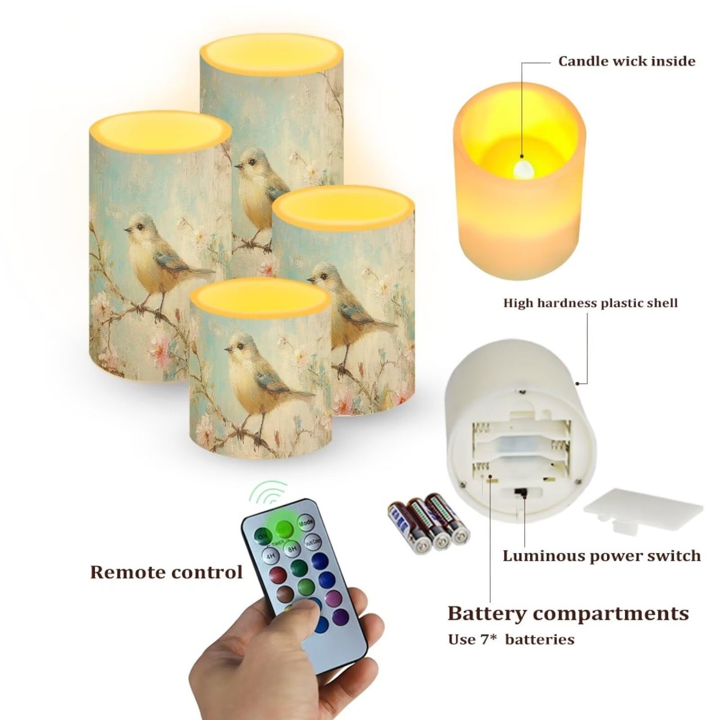 Cozeyat Bird Nature Flameless Candles 4 Pack LED Pillar Candles Battery Powered with Remote Timer Color Changing for Home Wedding Indoor Outdoor