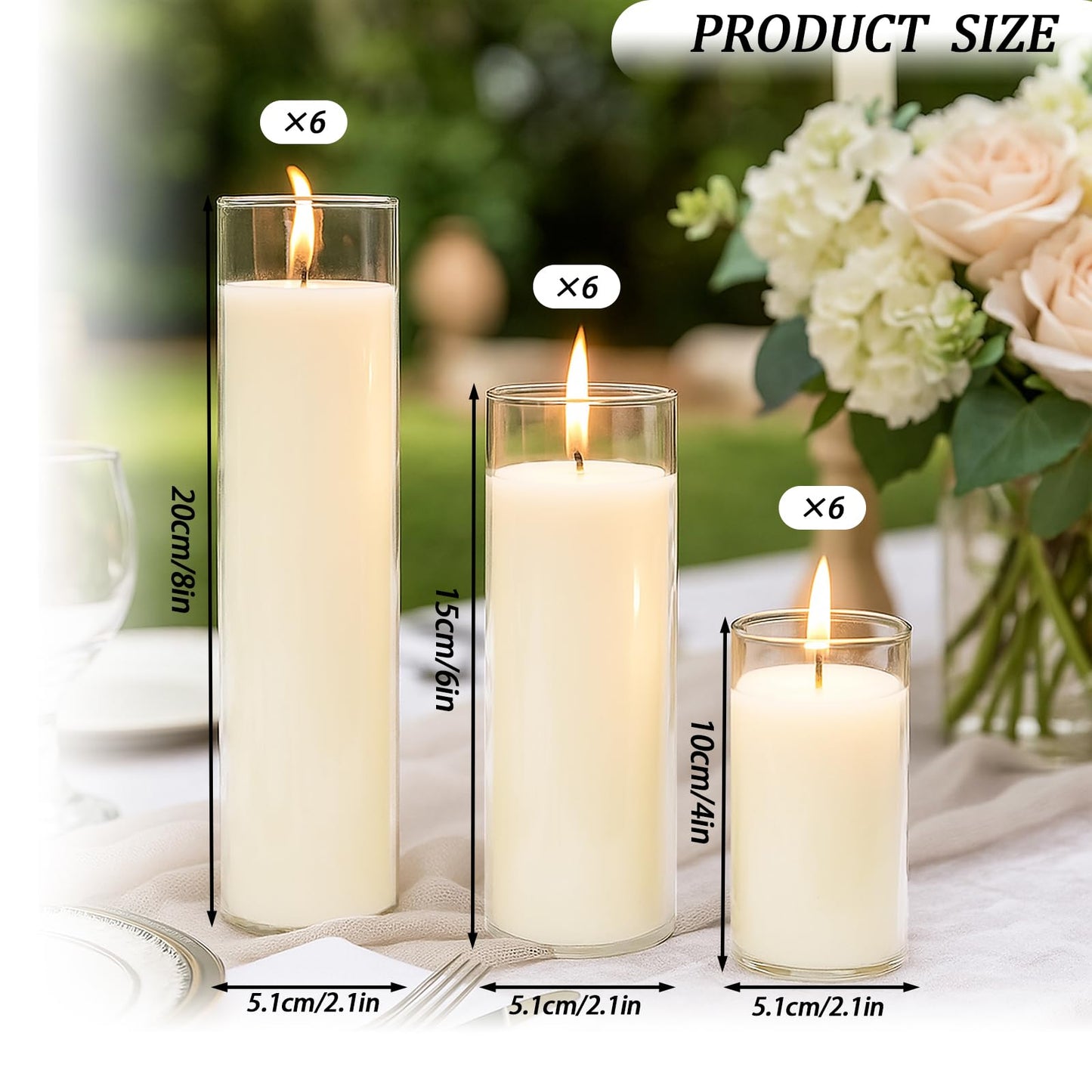 Trxvxo 18 PCS Pillar White Candles in Glass,Hurricane Candles,Wedding Cylinder Candle,3 Different Lengths 2 x 3/6/8 Inch (6 Each),Creating an Atmosphere Suitable for Various Outdoor Activities.