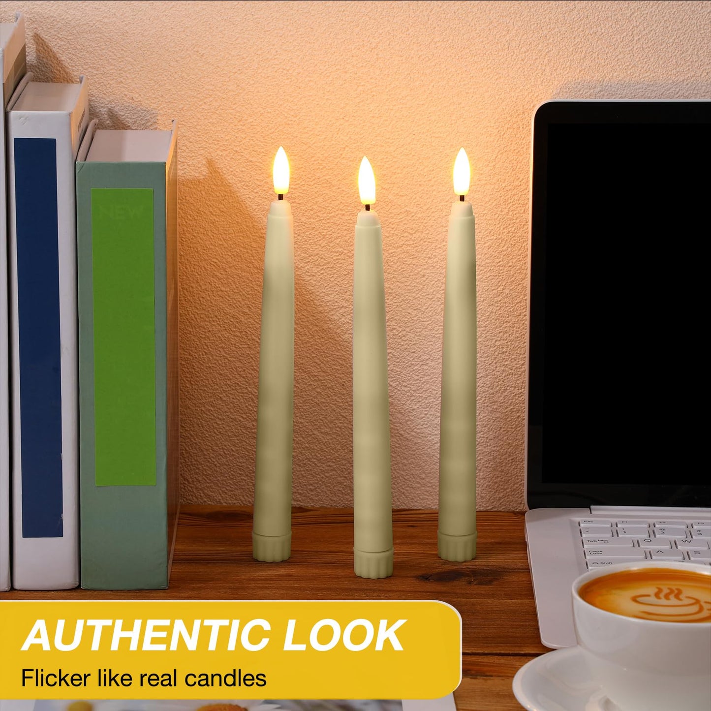 Tuanse 20 Pcs Flickering Flameless Taper Candles Bulk LED Battery Operated Realistic Flame Effect with Remote & Timer Safe No Fire Wax Drip Candles for Wedding Church Home Decor (8.46",Beige)